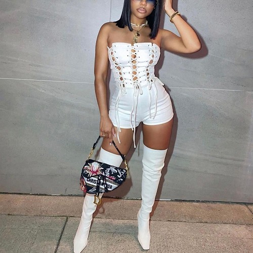 Casual White Cutout Strapless Clubwear Solid Sexy Bandage Bodysuit