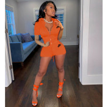 Solid Color Orange High Neck Printed Zipper Sports Two Piece Short Set for Summer
