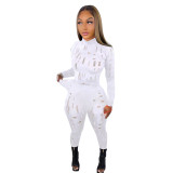 White Sexy Solid Ripped See-through Turtleneck Long Sleeve Two Pieces Tracksuit Set