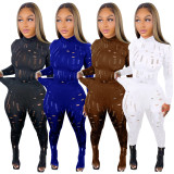 Black Sexy Solid Ripped See-through Turtleneck Long Sleeve Two Pieces Tracksuit Set