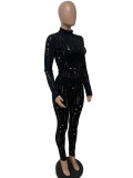 Black Sexy Solid Ripped See-through Turtleneck Long Sleeve Two Pieces Tracksuit Set