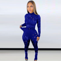 Blue Sexy Solid Ripped See-through Turtleneck Long Sleeve Two Pieces Tracksuit Set