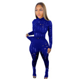 Blue Sexy Solid Ripped See-through Turtleneck Long Sleeve Two Pieces Tracksuit Set