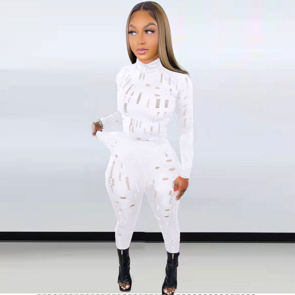 White Sexy Solid Ripped See-through Turtleneck Long Sleeve Two Pieces Tracksuit Set