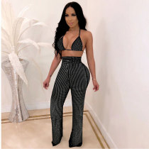 Hot Drill Sexy Black Halter Bra Top And Pants Two Pieces Set
