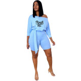 Light Blue Summer Chic Casual Homewear One Word Collar Print Lace Up One Piece Romper Suit