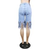 Spring Casual Solid Light Blue Frayed Fringed Jeans