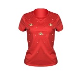 Solid Color Red Short Sleeves Beaded Butterfly Round Neck T-Shirt