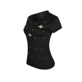 Solid Color Black Short Sleeves Beaded Butterfly Round Neck T-Shirt