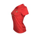 Solid Color Red Short Sleeves Beaded Butterfly Round Neck T-Shirt