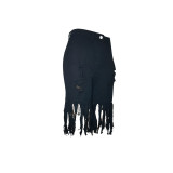 Spring Casual Solid Black Frayed Fringed Jeans