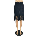 Spring Casual Solid Black Frayed Fringed Jeans