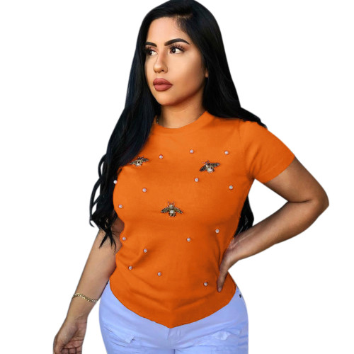 Solid Color Short Sleeves Beaded Butterfly Round Neck T-Shirt
