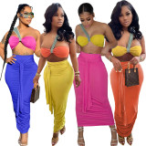 Color Patchwork One Shoulder Strapped Two Piece High Waist Pleated Sets