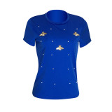 Solid Color Royal Blue Short Sleeves Beaded Butterfly Round Neck T-Shirt