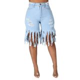 Spring Casual Solid Light Blue Frayed Fringed Jeans