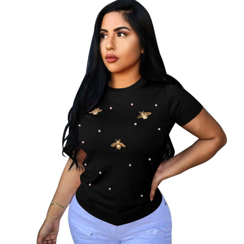 Solid Color Black Short Sleeves Beaded Butterfly Round Neck T-Shirt