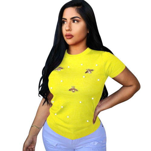 Solid Color Yellow Short Sleeves Beaded Butterfly Round Neck T-Shirt