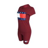 Summer Solid Wine Red Offset Printed Sports Short Sets