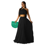 Casual Black Pleated Straps Crop Top and Skirts Set