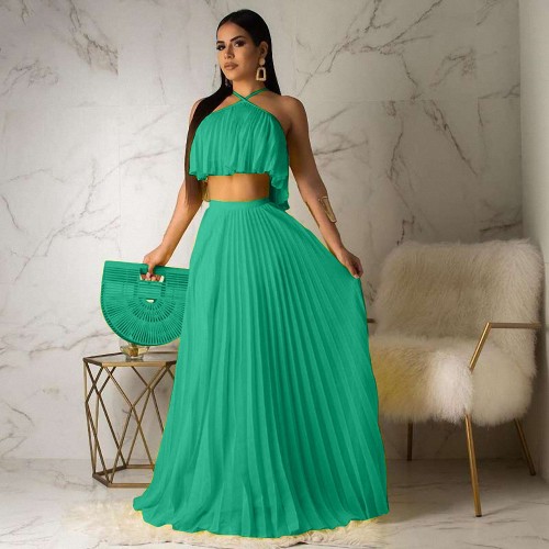 Casual Pleated Straps Crop Top and Skirts Set
