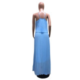 Casual Sky Blue Pleated Straps Crop Top and Skirts Set