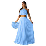 Casual Sky Blue Pleated Straps Crop Top and Skirts Set