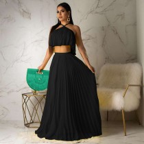 Casual Black Pleated Straps Crop Top and Skirts Set