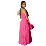 Casual Rose Pleated Straps Crop Top and Skirts Set