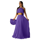 Casual Purple Pleated Straps Crop Top and Skirts Set