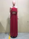 Casual Wine Red Pleated Straps Crop Top and Skirts Set