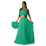 Casual Pleated Straps Crop Top and Skirts Set