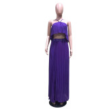Casual Purple Pleated Straps Crop Top and Skirts Set