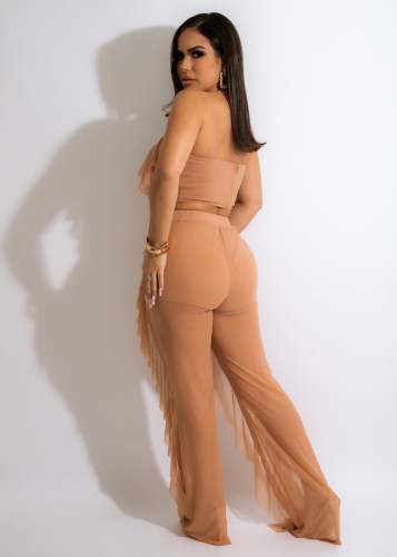 Women Summer Apricot Sexy Strapless Sleeveless Solid Mesh Ruffles Two Piece Pants Set