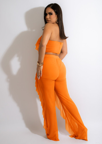 Women Summer Orange Sexy Strapless Sleeveless Solid Mesh Ruffles Two Piece Pants Set
