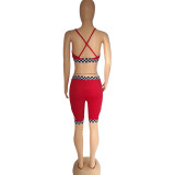 Red Sexy Check Print Wrapped Straps Bra Casual Short Suit
