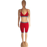 Red Sexy Check Print Wrapped Straps Bra Casual Short Suit