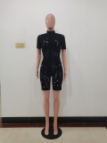 Black Sexy Knitted Hole Short Sleeve Two Piece Summer Set