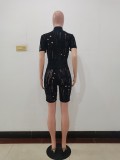 Black Sexy Knitted Hole Short Sleeve Two Piece Summer Set