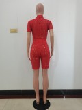 Red Sexy Knitted Hole Short Sleeve Two Piece Summer Set