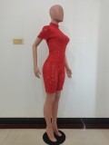 Red Sexy Knitted Hole Short Sleeve Two Piece Summer Set