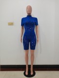Blue Sexy Knitted Hole Short Sleeve Two Piece Summer Set