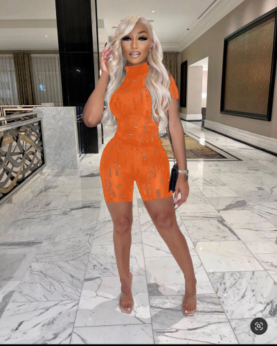 Orange Sexy Knitted Hole Short Sleeve Two Piece Summer Set