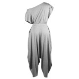 Grey Casual Solid Split Joint Fold Asymmetrical Cross-Shoulder Short Sleeve Two Pieces