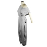 Grey Casual Solid Split Joint Fold Asymmetrical Cross-Shoulder Short Sleeve Two Pieces