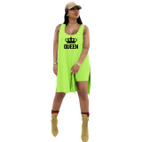 Casual Fluorescent Green Knitting Printed Vest Loose Long Top Shorts Set