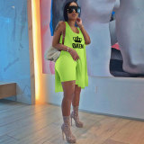 Casual Fluorescent Green Knitting Printed Vest Loose Long Top Shorts Set