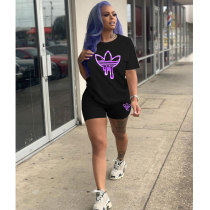 Casual Solid Color Graphic Print Short Sleeve Shorts Two-Piece Set