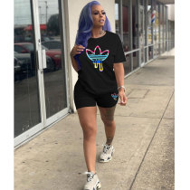 Casual Solid Color Graphic Print Short Sleeve Shorts Two-Piece Set