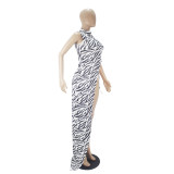 Fashion Zebra Print Sleeveless Tie Half Open Sexy Dress